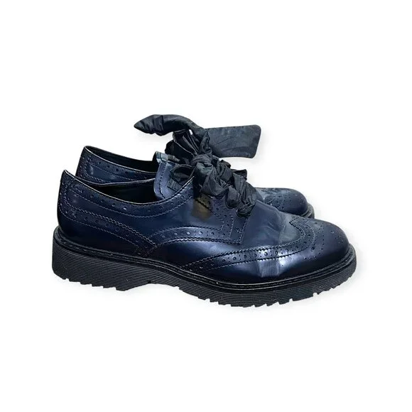 Prada Wingtip Oxford Ribbon Tie Shoes Navy Calf Leather 38.5 Early 2000s - Picture 4 of 11